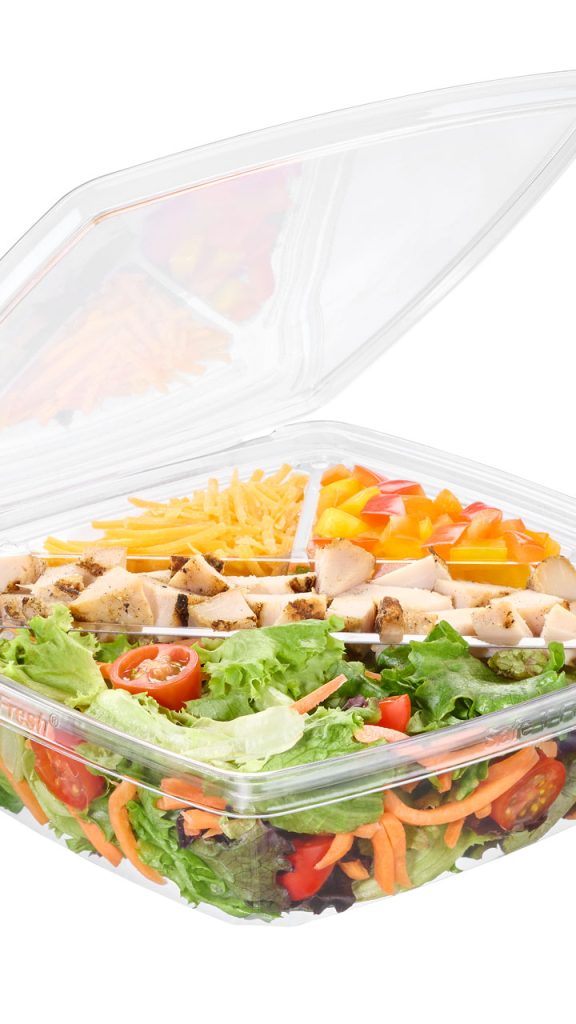 The newest innovation from Inline Plastics, Shelton, CT, is the “Flip and Mix,” designed for the 7 by 7-inch Safe-T-Fresh Squares line. This three-compartment insert sits atop the main dish, featuring two equal-sized compartments and a larger showcase section, ideal for keeping ingredients separate until consumption.