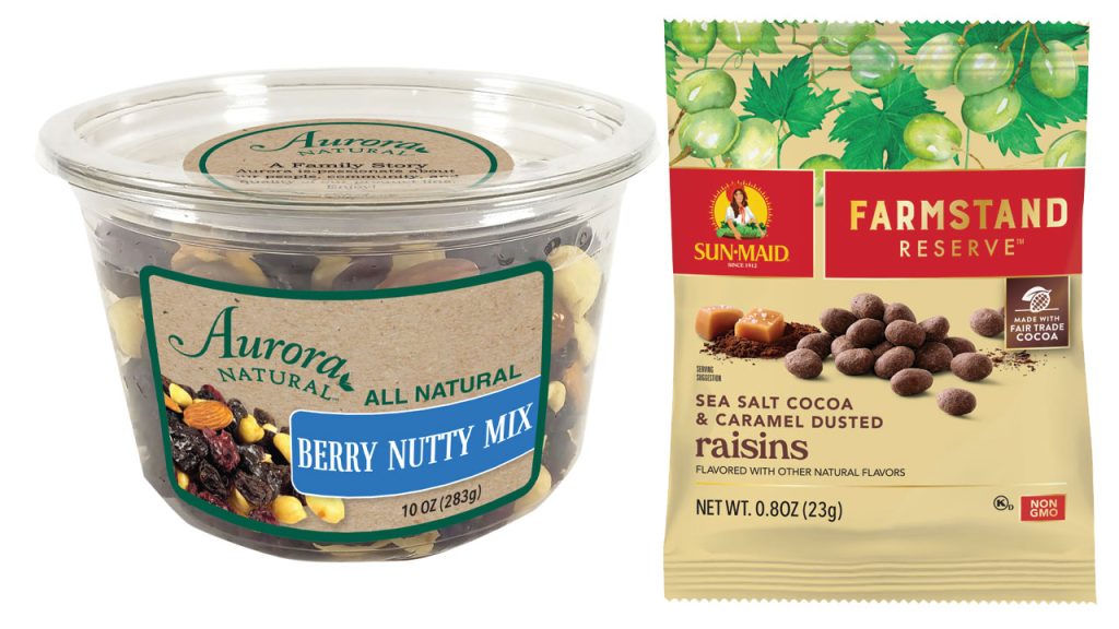 Aurora Products, Orange, CT, adds raisins to its all-natural Berry Nutty Mix (left). Sun-Maid Growers of California, Fresno, CA, has a product line, Sun-Maid Farmstand Reserve, that is positioned as “the grown-up fruit snack.” The line includes mixes like Sea Salt Cocoa & Caramel Dusted Raisins.