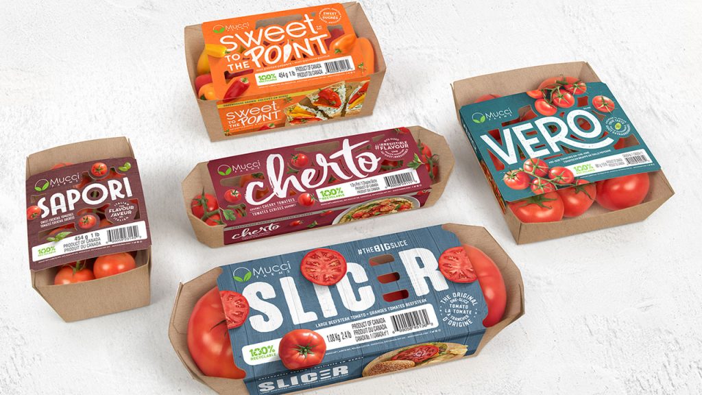At Mucci Farms, Kingsville, Ontario, packaging development has included Linerless Label, a series of trays made from 100% recyclable Clay Coated News Back paperboard or micro-fluted kraft board. It is fastened by a one-piece linerless label made from food-approved black label material.