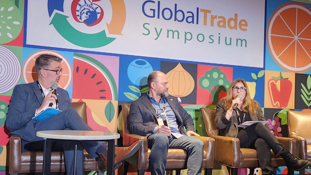 Ron Lemaire, president, Canadian Produce Marketing Association, moderated the Canadian imports panel at the Global Trade Symposium Dec. 10. The panel included George Pitsikoulis, president and chief executive, Canadawide Fruit Wholesalers, and Tecla Masciarelli, buyer of produce, Metro Stores.