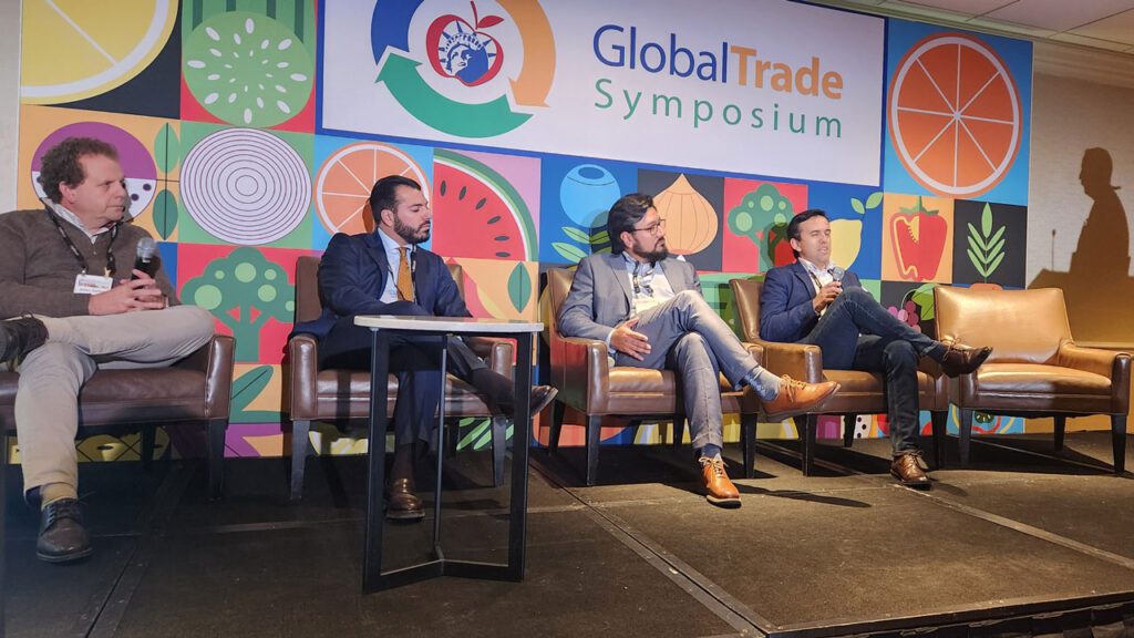 William Watson, president, The Fresh Approach, moderated the Central American imports panel at the Global Trade Symposium Dec. 10. Panelists Anthony Serafino, president, EXP Group, Andres Ocampo, chief executive, HLB Specialties, Allen Safieh, chief executive and founder, UniSpice, and Diego Morales, sales manager, D Produce, say they are most excited about exciting flavors, the new generation, technology and the “born movement” in fresh produce.