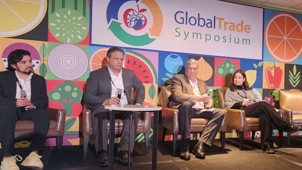 Erick Carranza, vice president of EV Produce International, Giovanni Cavaletto, president, GLC Cerritos, John Pandol, director of special projects, Pandol Bros., and Raquel Espinoza, director of sales and marketing, Produce House, spoke on Mexican imports as part of the Global Trade Symposium Dec. 10.