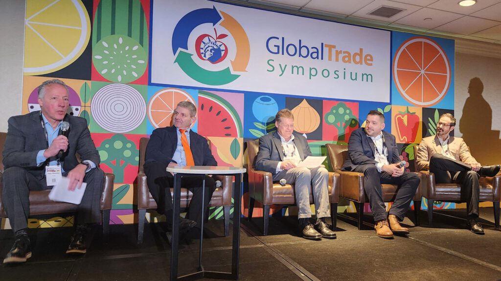 The Dec. 10 Global Trade Symposium panel on Europe, North Africa and South Africa included Paul Massey of Trucco, Ami Ben-Dror of Dorot Farm, Lucio Rainelli of LGS Specialty Sales, Miles Fraser-Jones of Sierra Produce and Kevin Carroll of Fowler Packing.