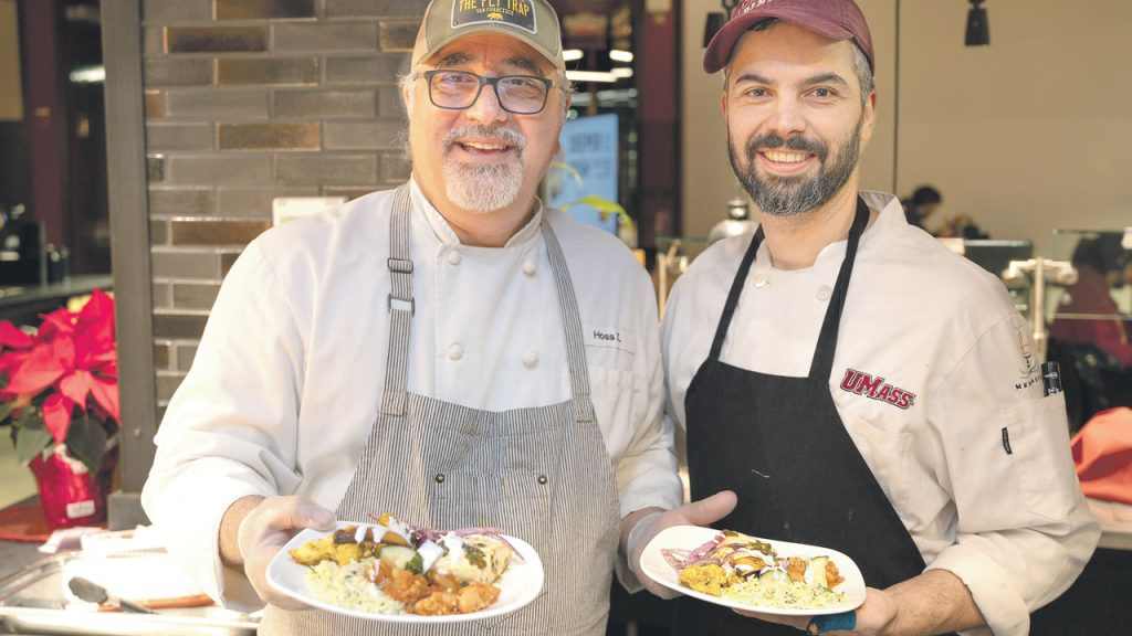 UMass Amherst Dining Services’ guest chefs bring in traditional or a California-influenced style of cooking to students in the dining commons. Pictured Chef Hoss Zare (a San Francisco-based chef known for his Iranian cuisine) made an onion petal stuffed with rice pilaf.