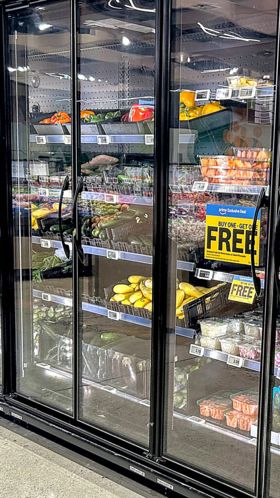 Behind the glass doors at the back of the cold case, salads, fresh-cut items, and vegetables, such as squash and peppers took center stage.