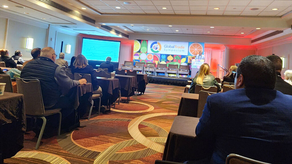 Miguel Gomez, Robert G. Tobin Professor of Food Marketing at the Charles H. Dyson School of Applied Economics and Management, Cornell University, opened the Global Trade Symposium and spoke on the global trends in international trade of fresh produce.