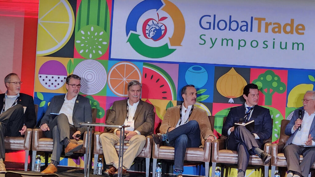 In the Politics and Produce session, panelists included Chuck Zeutenhorst, vice president of sales and marketing, FirstFruits Farms; Fernando Cruz Morales, chief executive, Grupo Comercial Terroir del Valle; Jessie Capote, chief executive, J&C Tropicals; John Pandol, director of special projects, Pandol Bros.; and Ron Lemaire, president, Canadian Produce Marketing Association. The discussion was moderated by Tom Stenzel, principal of The Stenzel Group.