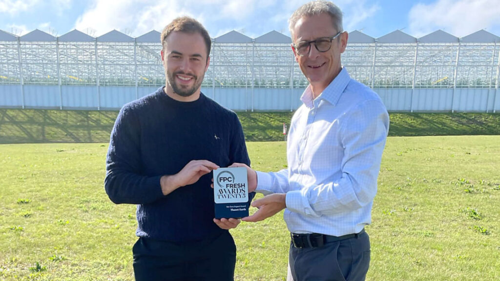 Thanet Earth won the Net Zero Impact Award at the FPC Fresh Awards. The award was accepted by Rob James (right), technical director. Also pictured is Adam Harrison, environmental and sustainability technologist.