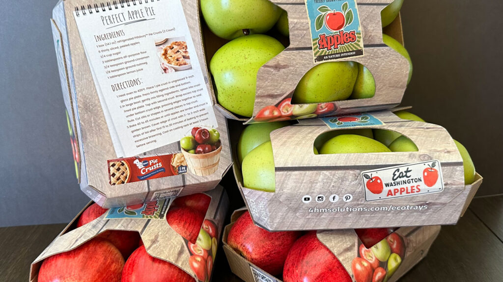 4HM Solutions, Yakima, WA, has a first-in-the-U.S. machine from Italy’s Frutmac, which automates produce packaging into sustainable cardboard. The technology can package 54 packs of a four-pack of apples in a minute.
