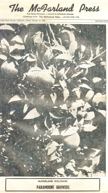 The McFarland Press, Kern County, CA, dedicated its Oct. 21,1966, edition to Paramount Citrus Association. Paramount held grand opening ceremonies, Oct. 28, 1966, for its new packing plant. The plant was the most innovative in California at the time, handling 15,000 boxes of fruit each day.
