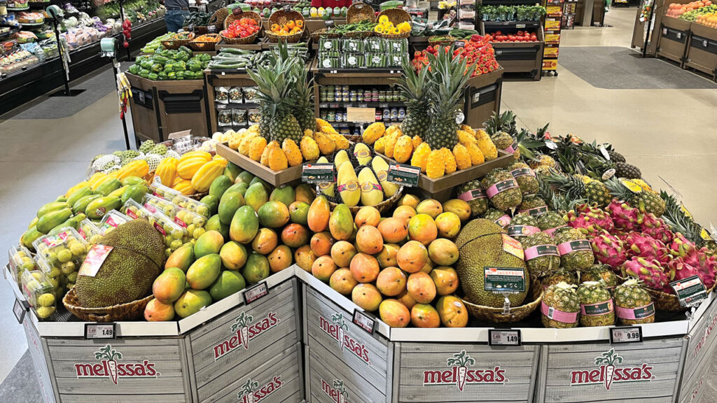 Wholesaler merchandisers play a crucial role in customer support, including in-store services. This photo shows the work of Katzman Distribution, Burlington, NJ, which partnered with Melissa’s/World Variety Produce on a retail project that created a “wow factor” in the store.