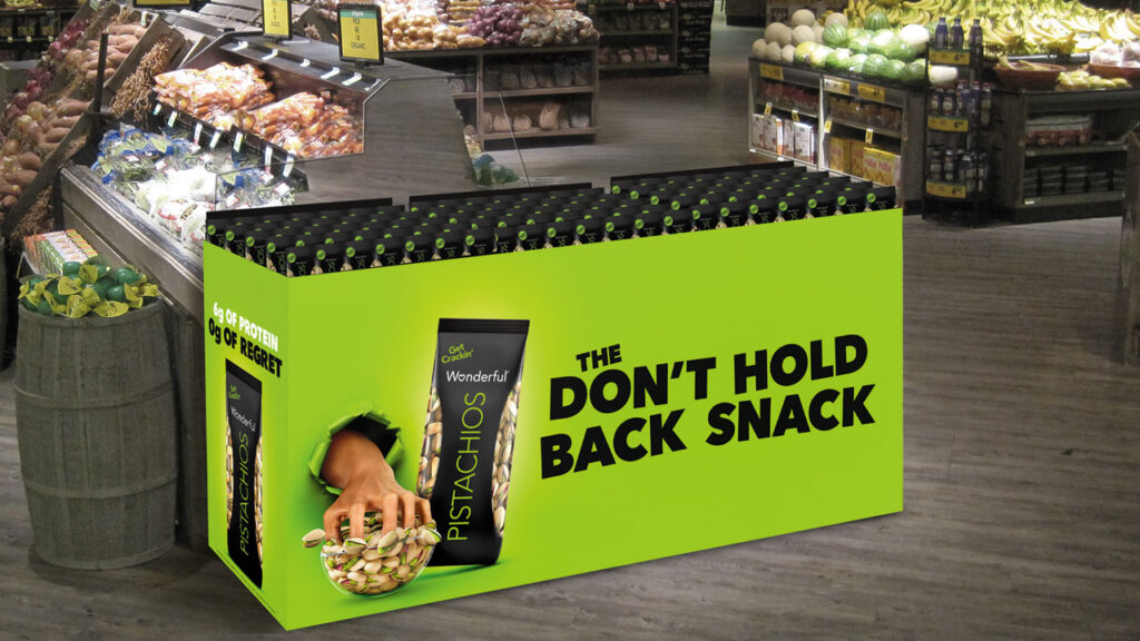 Wonderful Pistachio’s eye-catching corrugated bins combine bold branding with functional design, creating high-impact secondary displays that drive impulse purchases and boost sales through effective cross-merchandising.