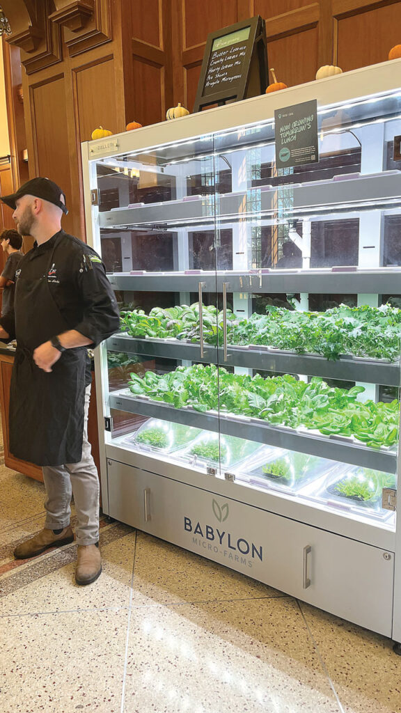 How fresh do you want it? The sign on this microgreen unit at Vanderbilt University says “Now Growing Tomorrow’s Lunch.” Having locally grown, sustainable options ticks the boxes for many college and university diners.