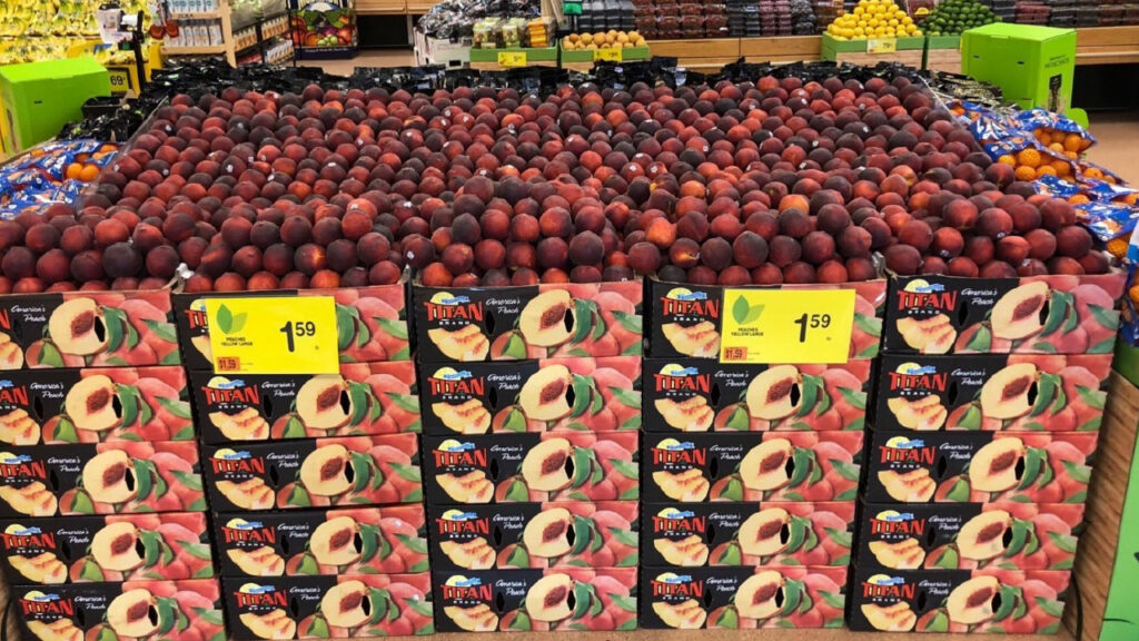 Retailers may do well when they merchandise peaches in large waterfall-like displays made from shipper boxes.