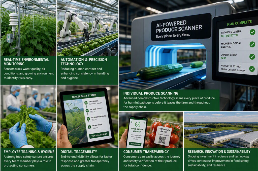 Richard Lee, executive director, Ontario Greenhouse Vegetable Growers, Leamington, Ontario, envisions high-speed, non-destructive pathogen scanning using imaging, spectroscopy, molecular detection, and AI to analyze individual pieces of produce as shown in the graphic above.